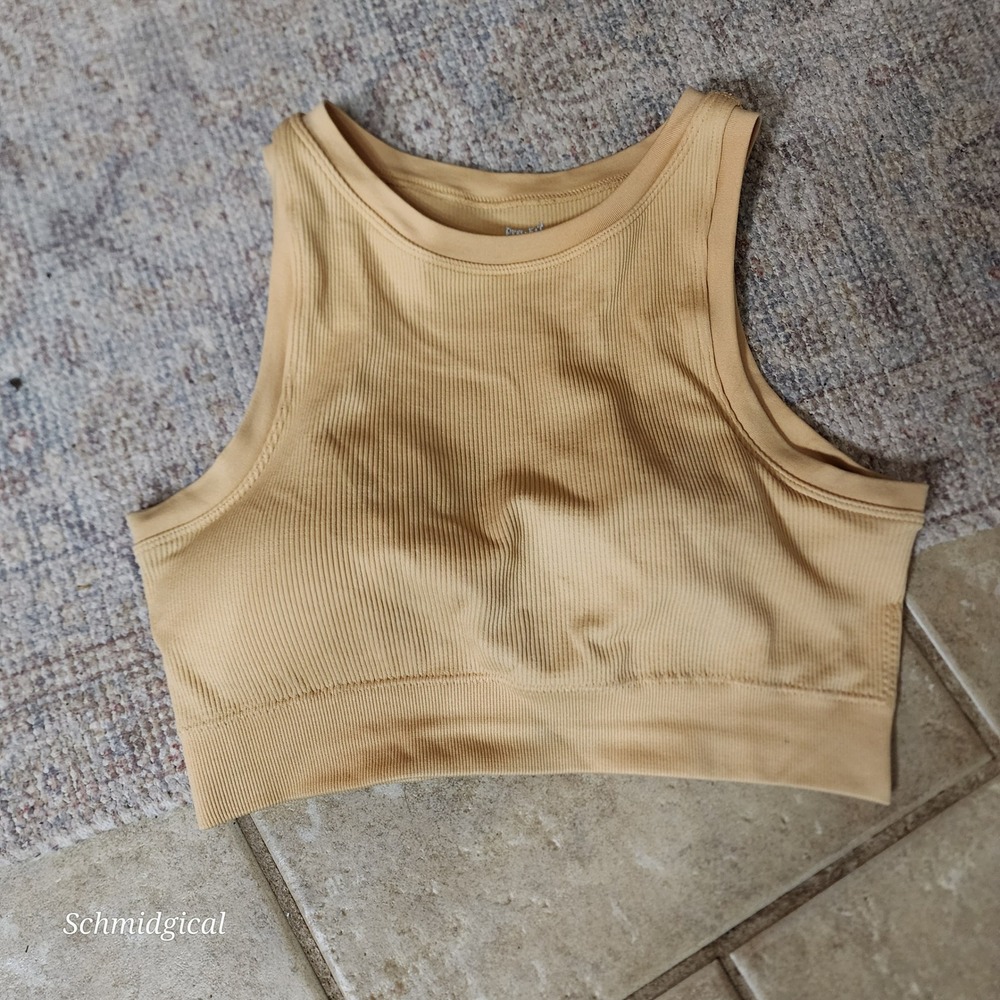 Pro-Fit Seamless Cropped Sports Bra Mustard Yellow Ribbed High Neck Racerback M
